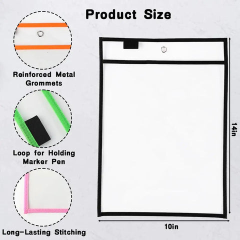 8 Pack Dry Erase Pocket Sleeves 10 By 14 Inches Reusable Clear Plastic Sheet Protectors With Binder Ring Heavy Duty Ticket Holders For Office, Shop And Classroom Use Colorful with reinforced metal grommets and stitching details.