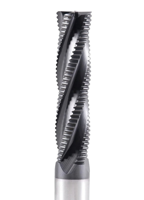 Roughing end mill, 1/2 in diameter, M42 cobalt TiAlN-coated, 4-flute.