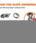 Bike Pedals With Toe Clips And Straps For MTB Road And Mountain Bikes, durable plastic clips and straps shown with exercise bike.