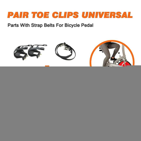 Bike Pedals With Toe Clips And Straps For MTB Road And Mountain Bikes, durable plastic clips and straps shown with exercise bike.