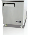 Straight Up 27 Inch Under Counter Work Top Freezer With Slick Stainless Steel Build and Swift Forced Air Cool Plus Plug And Play Digital Dial, compact design with casters.