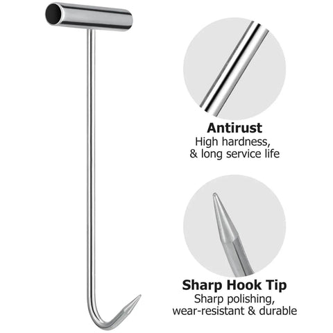 2 Pack Heavy Duty Manhole Cover Hook Lifter T Shaped Stainless Steel Manhole Lifting Hooks Workhorse Lifting and Pulling Tool for Septic Tanks Storm Drains Sewer Lids and More 11.4 Inch, showing T-shaped design and sharp hook tip with antirust features.
