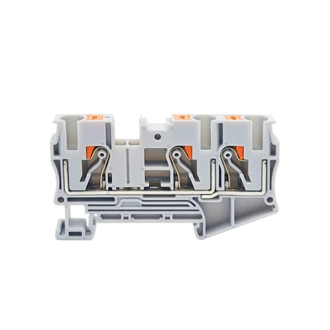 10 Pack Of Durable Gray Push In Din Rail Terminal Blocks featuring tool free quick connect three wire contacts for zero hassle cable splicing.