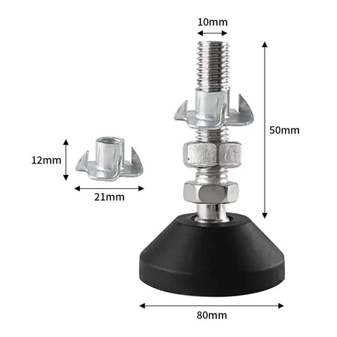 Set Of 4 M10 Adjustable Threaded Levelers With T Nuts Built Tough Swivel Base Feet, 80mm base, 10mm thread size.