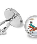 Top Tier Silver Plated Cufflinks Featuring A Classic Rickshaw Illustration Beneath A Polished Glass Dome. Close-up view.