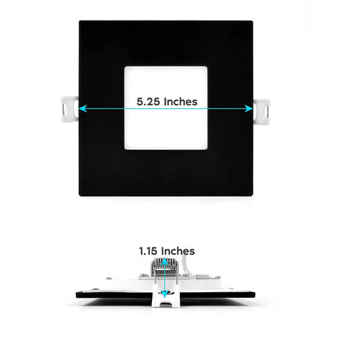 Ultra Thin 4 Inch Square LED Recessed Lighting Kit with Black Trim front and side view showing dimensions
