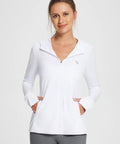 Women's UPF 50 Plus Sun Protection Hoodie Jacket For Hiking And All Day Outdoor Adventures Lightweight Long Sleeve With Hood And Thumbholes Breathable Quick Dry Fabric Ideal For Travel Fishing Beach White Size M