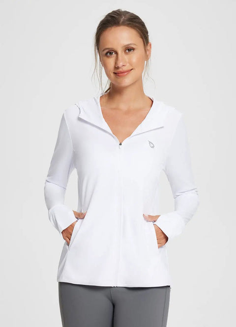 Women's UPF 50 Plus Sun Protection Hoodie Jacket For Hiking And All Day Outdoor Adventures Lightweight Long Sleeve With Hood And Thumbholes Breathable Quick Dry Fabric Ideal For Travel Fishing Beach White Size M