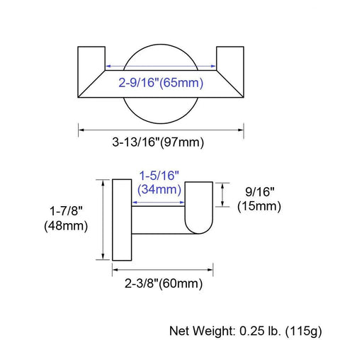 Technical diagram of Heavy Duty Brushed Nickel Towel Hook For Bathroom Wall Mount SUS 304 Stainless Steel Double Coat Hook dimensions