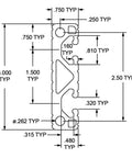 Top Shelf Three By Three Quarter T Slotted Aluminum Extrusion Bar With Six Open Channels For Custom Rig Buildouts Smooth Linear Motion Paths And Track Saw Guides Finished In Durable Black Anodized Coating Measuring Thirty Six Inches, technical drawing with dimensions.