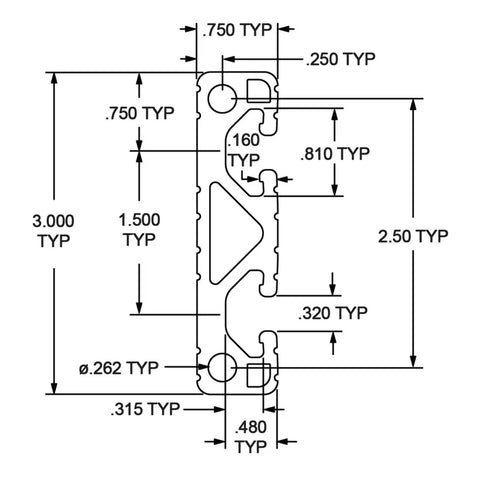 Top Shelf Three By Three Quarter T Slotted Aluminum Extrusion Bar With Six Open Channels For Custom Rig Buildouts Smooth Linear Motion Paths And Track Saw Guides Finished In Durable Black Anodized Coating Measuring Thirty Six Inches, technical drawing with dimensions.