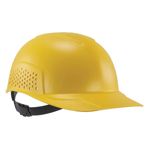 Yellow vented hard shell bump cap with suspension for lightweight head protection, durable polyethylene exterior with breathable vents.