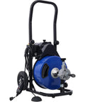 Heavy Duty Electric Sewer Snake Auger With 60 Foot Cable And 4 Cutter Heads features a steel drum and portable wheels for easy transport.
