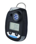Portable carbon monoxide detector with alarm, black casing, digital display, and keychain loop for easy use.