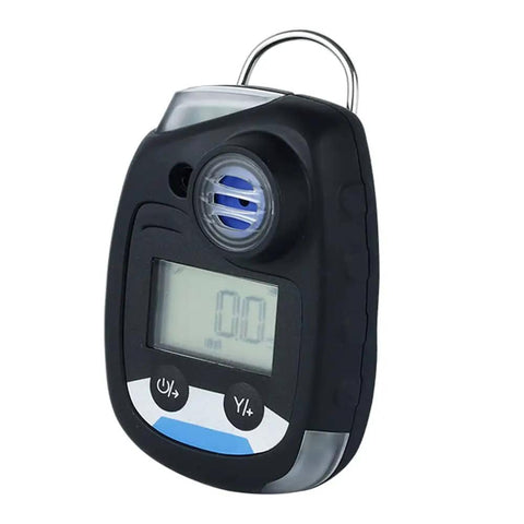 Portable carbon monoxide detector with alarm, black casing, digital display, and keychain loop for easy use.