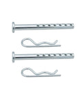 Heavy Duty Clevis Pin One Quarter Inch By Two And A Half Inches With Matching R Clip, Rust Resistant Hardware, All Purpose For Home Farm Automotive And Business Use, Includes Two Clevis Pins And Clips For Quick Secure Links, showing pins and clips against background.