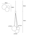 Diagram of Lit Modern LED Glass Ball Pendant Light Fixture, 3 Light Cluster, dimensions for kitchen island and dining room.