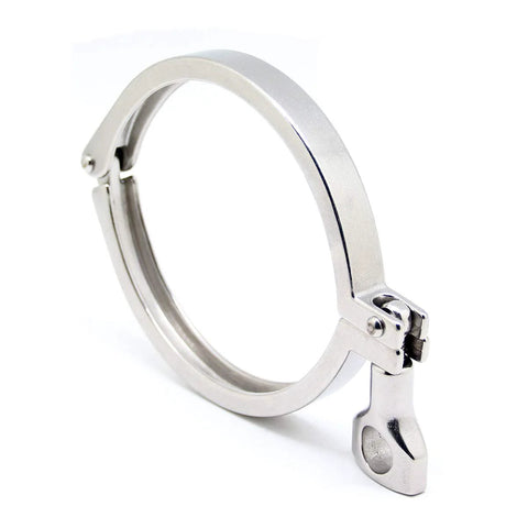 Tri-clamp ferrule clamp, side view, stainless steel 4-inch with wing nut