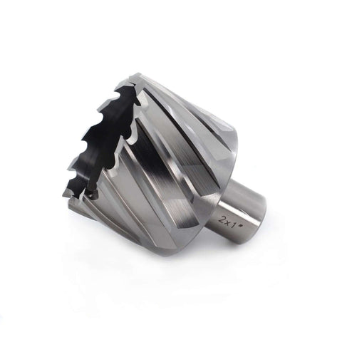 Oscarbide annular cutter for magnetic drill press, 2 in dia, 1 in DOC, 3/4 in Weldon shank with 2 flats and pilot pin.