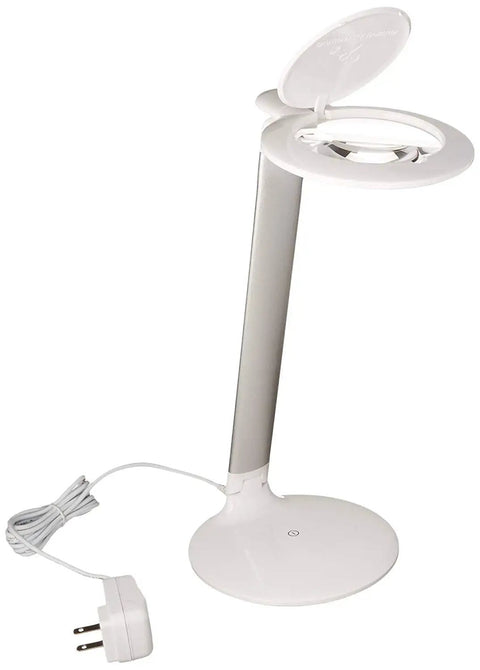 High Visibility Dimmable LED Magnifying Desk Lamp With 2X Lens 5 Dioptre Bright Daylight LEDs, open lid view, power cord