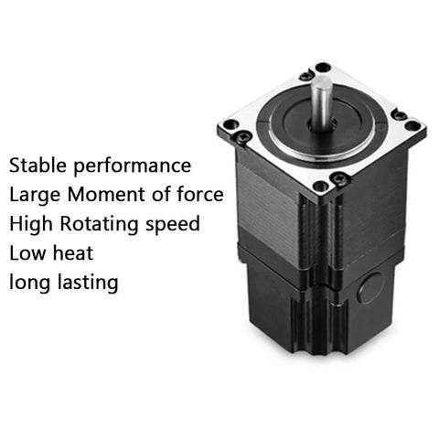 Front view of a black open-loop stepper motor with square mounting flange and protruding shaft