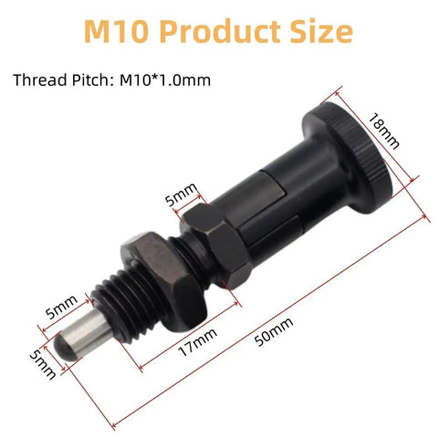 M10 thread size of Rock Solid Push Fit Ball Nose Carbon Steel Spring Knob Plunger with dimensions labeled clearly.
