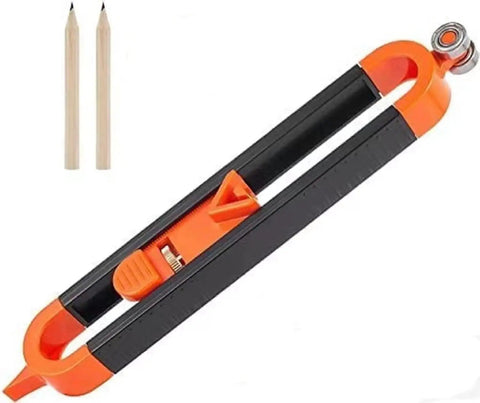 Heavy Duty Double Ended Contour Scribe Gauge With Smooth Ball Bearing Wheels And Locking Pencil Clamp shown with pencils for template tracing.