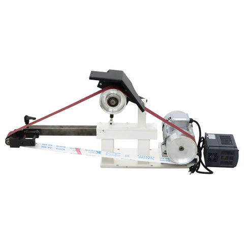 Garage Beast Variable Speed Belt Sander And Metal Polisher With A Wide 72 To 82 Inch Sanding Belt and 3 Grinding Wheels Paired With A Rock Solid Base 110V side view showcasing motor and sanding belt.