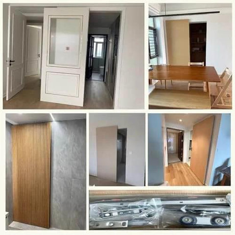 Trackless Sliding Barn Door Kit With Soft Close, Concealed Hardware For 3 To 6 Ft Doors installed in modern home settings