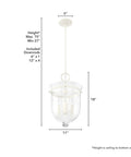 Dimensions and design of Go-To 3-Light Rustic White Pendant Light Dimmable, Medium Urn Style with clear glass shade.