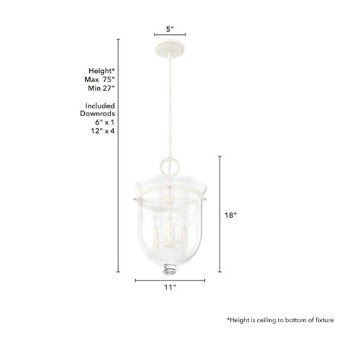 Dimensions and design of Go-To 3-Light Rustic White Pendant Light Dimmable, Medium Urn Style with clear glass shade.