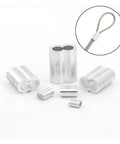 Premium Aluminum Crimping Sleeves For Wire Rope Ferrules and Cable Terminals Built Dang Tough showing various sizes and shapes of aluminum crimp sleeves.