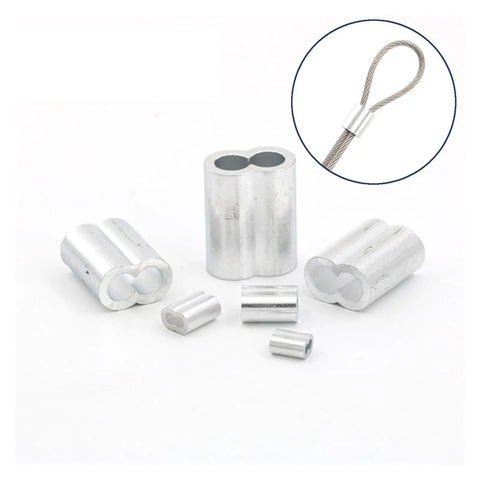 Premium Aluminum Crimping Sleeves For Wire Rope Ferrules and Cable Terminals Built Dang Tough showing various sizes and shapes of aluminum crimp sleeves.