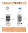 Product specifications for Compact Ceramic Space Heater 600W With LED Light And 4 In 1 Function Desk Heater, front and back view.