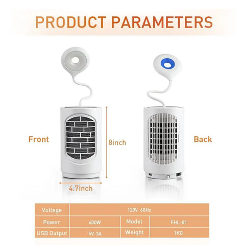 Product specifications for Compact Ceramic Space Heater 600W With LED Light And 4 In 1 Function Desk Heater, front and back view.