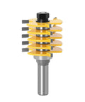 Adjustable Box Joint Router Bit With Five And Three Flutes And Half Inch Shank for precise wood joinery, featuring sharp flutes.