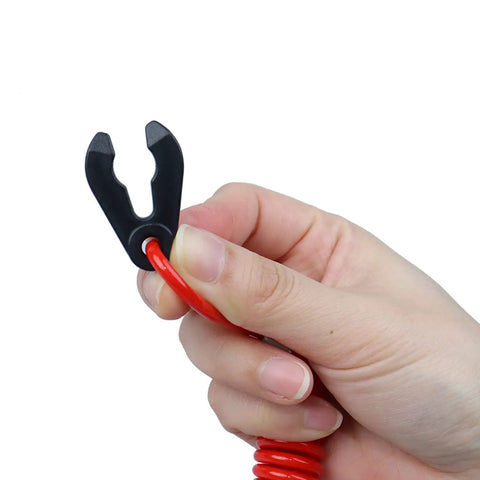 Hand holding Beefed Up Boat Safety Kill Switch Lanyard Connector For Yamaha Suzuki Honda Tohatsu Hidea Outboards, red nylon rope clip