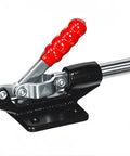 Heavy Duty Push Pull Toggle Clamp Locks Down Tight With A Hefty 500 Pound Rock Solid Grip, shown from the side with a red handle.