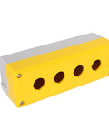 Beefy 4 Gang ABS Push Button Control Station Enclosure in bright yellow, side view, heavy duty electrical box, IP65 rated, industrial use.