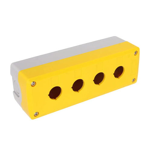 Beefy 4 Gang ABS Push Button Control Station Enclosure in bright yellow, side view, heavy duty electrical box, IP65 rated, industrial use.