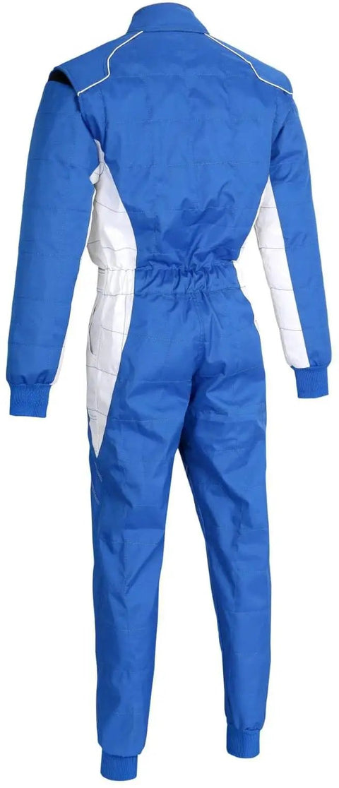 Back view of Adult Karting One Piece Cordura Suit Two Layer Cordura With Breathable Mesh Lining Blue And White Large Size Pro Grade Go Kart Racing Suit For Track Days
