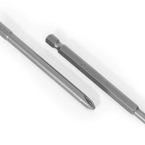 Close-up of two 6-inch bits from 32 Piece Extra Long Security Bit Set With Torx Spanner PoziDriv And Tri Wing Bits For Electric And Impact Drills One Quarter Inch Hex Shank Built Tough Tamper Proof Screwdriver Kit