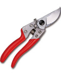 Hand Pruner With Snappy Locking Mechanism, Scissors Edition, shown with red handles, high carbon steel blade, chrome plating.