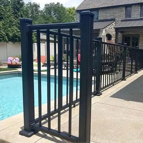 Level Deck Railing Kit With Square Balusters And Mounting Brackets, 72 Inch Top And Bottom Rails, 36 Inch High Outdoor Fence System by a pool.
