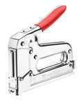 Side view of Pro Grade Heavy Duty T72 Wire And Cable Stapler with red handle and chrome body for installing cables efficiently.