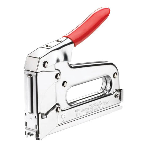 Side view of Pro Grade Heavy Duty T72 Wire And Cable Stapler with red handle and chrome body for installing cables efficiently.