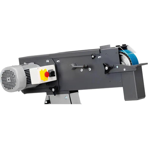 Heavy Duty Two Speed Industrial Belt Grinder With Included 36 Grit Sanding Belt showing motor, controls, and drum assembly for tough smoothing.