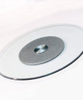Round Tempered Glass Lazy Susan Turntable with large aluminum base, scratch resistant 10mm glass, whisper quiet spin.