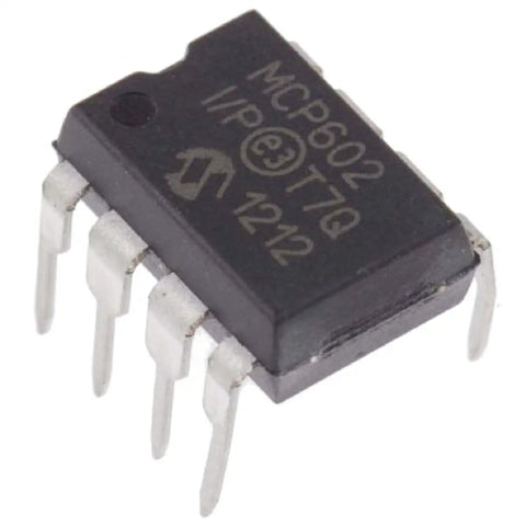 10 Pack MCP602 I P Dual Op Amp IC In DIP 8 With Socket Adapter, Low Bias Current, side view showing pin configuration.
