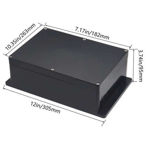 Kickass Abs Black Electrical Junction Box IP65 Waterproof Outdoor Enclosure For DIY Projects With Cable Glands measuring 10.35 by 7.17 by 3.74 inches.